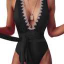 Lilosy Sexy Tie Criss Cross Plunge One Piece Thong Swimsuit High Cut Brazilian Bathing Suit (Black, M)
