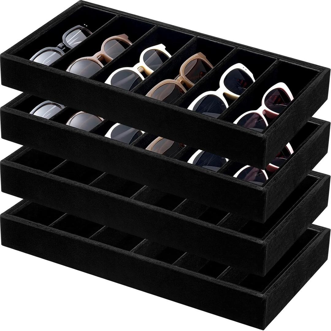 Juexica 4 Pcs Velvet Sunglasses Organizer Tray 6 Grid Sunglass Organizer Velvet Tray Stackable Glasses Display Case for Women Glasses Jewelry Display Watch (Black)