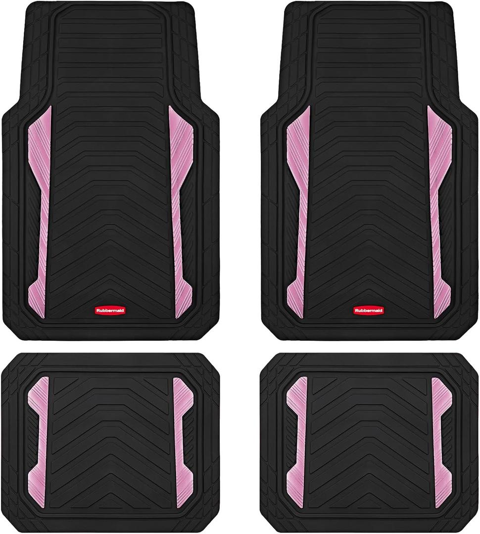 Rubbermaid Car Floor Mat, Heavy Duty All-Weather Car Mats Full Set with Dual-Tone Pink Aluminum Inserts Universal Fit, Anti-Slip Backing, Trim-to-Fit for Most SUV, Sedan
