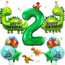 Dinosaur Birthday Decorations - 2nd Party Decorations with Number 2 Dino Shaped Balloons, Round Aluminium Foil Balloons for 2 Years Old Boys Jungle Theme Party Supplies
