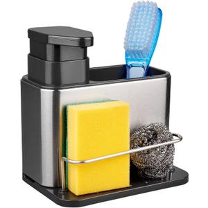 RedCall Soap Dispenser for Kitchen Sink, 3-in-1 Sponge Holder for Kitchen Sink Caddy, Stainless Steel Kitchen Sink Organizer Tray Drainer Rack, Rustproof Dish Soap Dispenser Brush Holder Countertop