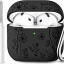 Lerobo for Airpods 4 Case Cover with Cleaner Kit, Cute Flower Engraved Silicone Protective Dust-Resistant Cover with Keychain Compatible with Apple Airpods 4 Case 2024, Black