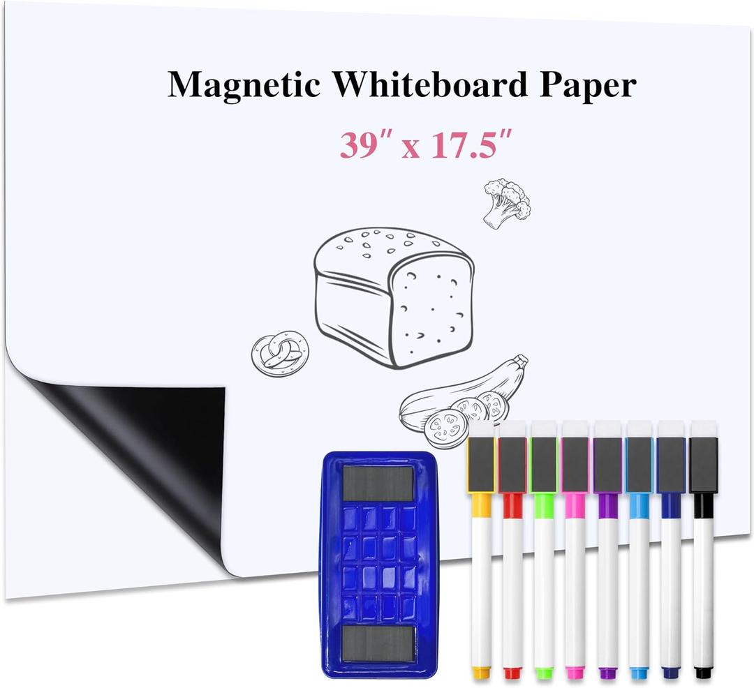 39x17 inch Self Adhesive Magnetic White Board Set Dry Erase Boards Peel and Stick Whiteboard for Wall Glass Office Home