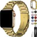 Fullmosa Compatible Apple Watch Bands 45mm 44mm 42mm, Metal iWatch Band with Case for Apple Watch Series 9 8 7 6 5 4 3 2 1 SE SE2, Golden