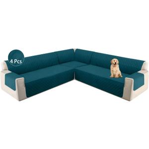 HDCAXKJ L Shape Couch Cover 4 Pcs Corner Sectional Sofa Slipcovers Sets for Pets Dogs Washable Non Slip U Shaped Furniture Protector (Teal, XX-Large)