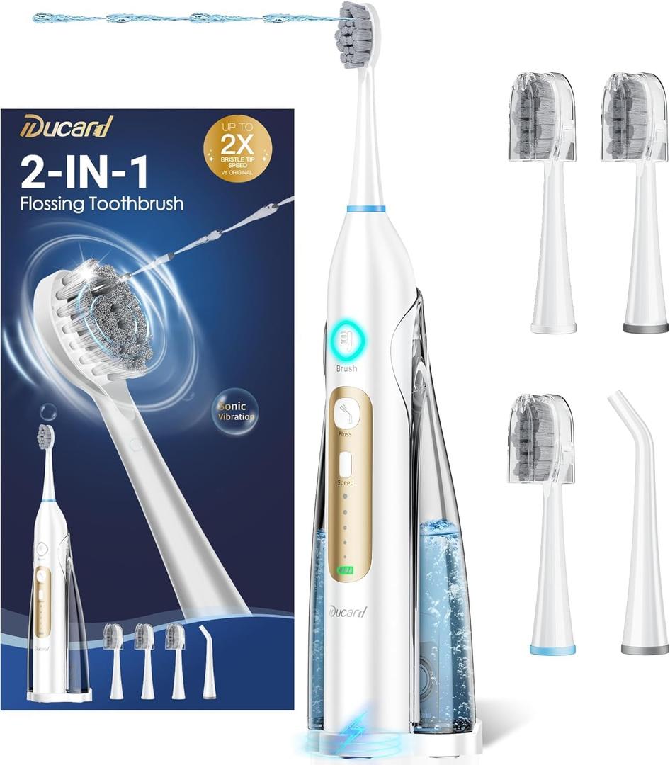 Electric Toothbrush with Water Flosser Combo, Professional Flossing Toothbrush with 3 Sonic Brush Modes & 5 Water Pressures, Cordless Water Flosser for Adults Teeth Cleaning Plaque Removal, White