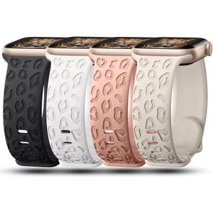 4Pack Leopard Engraved Bands Compatible with Apple Watch Band for women 40mm 41mm 42mm 38mm 44mm 45mm 46mm 49mm, Soft Silicone Cheetah Sport Strap for iWatch Series 10 9 8 7 6 5 4 3 2 1 Ultra/2 SE (Black,StarLight,Sand Pink,White)