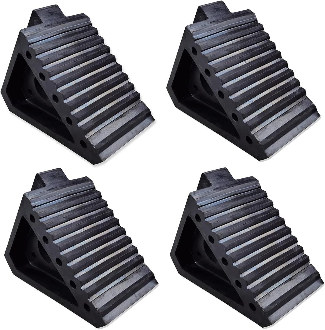 Solid Heavy Duty Rubber Wheel Chocks 4 Packs, Premium Wheel Stopper for Car, Travel Trailers, RV, Truck, and ATV(4 pcs, Black) 8" x 4" x 6"