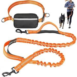 Hands Free Dog Leash with Waist Belt – No-Pull Bungee, Dual Padded Handles & Zipper Pouch for Running, Walking & Training – Adjustable Waist Leash for Large & Medium Dogs (Orange)