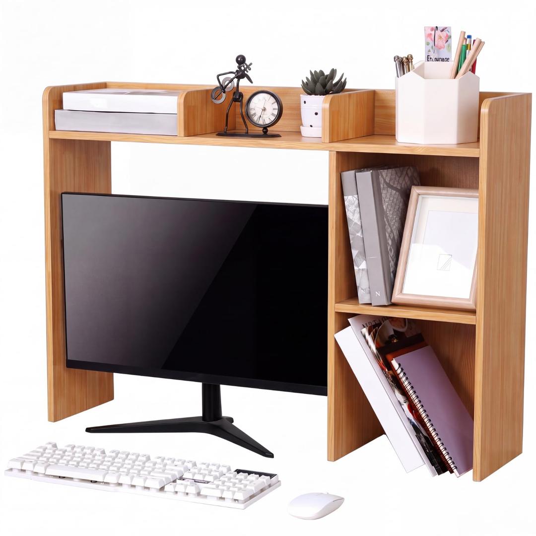 Briwooody Dorm Desk Bookshelf Desk Hutch Organizer with 5 Shelves and 3 Tier Desktop Hutch Storage Organizer for College Dorm Home Office Supply, 32.5 x 23.5 x 8 Inch(Bamboo and Wood)