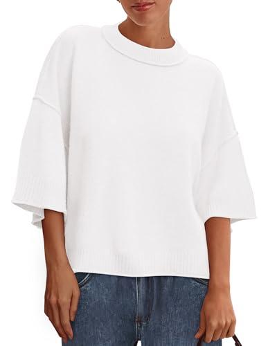 BTFBM Womens Short Sleeve Tops 2025 Summer Casual Crew Neck Oversized Sweater Color Ribbed Knit T Shirts(White,X-Large)