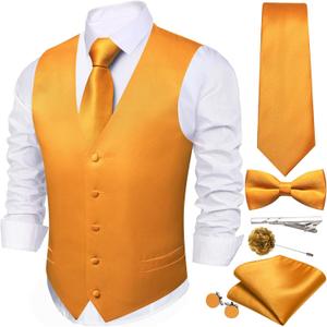 Men's Vest Tie Set Bow Tie Satin V-Neck Solid Colors Suit Waistcoat Cufflinks hanky Formal Wedding Business Tuxedo (Yellow)