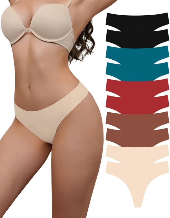 Seamless Thongs For Women V-Waisted Sexy Invisible No Show Breathable Stretch Panties Underwear 6-Pack (XL)