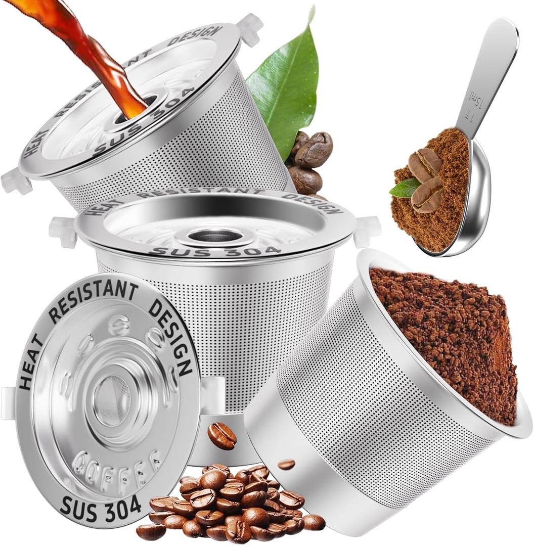 3 Pack Reusable K Cups Coffee Pods for Keurig 1.0: Stainless Steel Refillable K Cups - Reusable Coffee Filters for Keurig Coffee Machine, SUS 304, BPA-Free, Heat Resistant Handles, Scoop