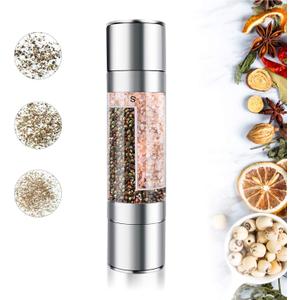 Mixoo Salt and Pepper Grinder - 2 in 1 Manual Stainless Steel Salt Pepper Mill Herb Spice Grinder Shakers Refillable with Adjustable Coarseness Ceramic Rotor and Dual Clear Acrylic Chamber