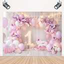 Girl 1st Birthday Backdrop 8Wx6H Feet for Purple Pink Princess Balloons Lights Butterfly First Bday Photography Background Decorations Photo Booth Studio Prop Fabric