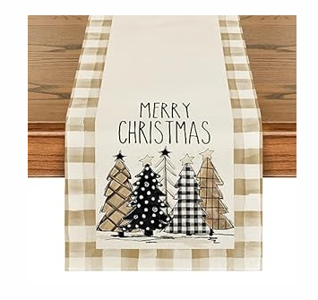 Artoid Mode Watercolor Brown Buffalo Plaid Christmas Trees Merry Xmas Table Runner, Seasonal Winter Holiday Kitchen Dining Table Decoration for Home Party Decor 13 x 60 Inch