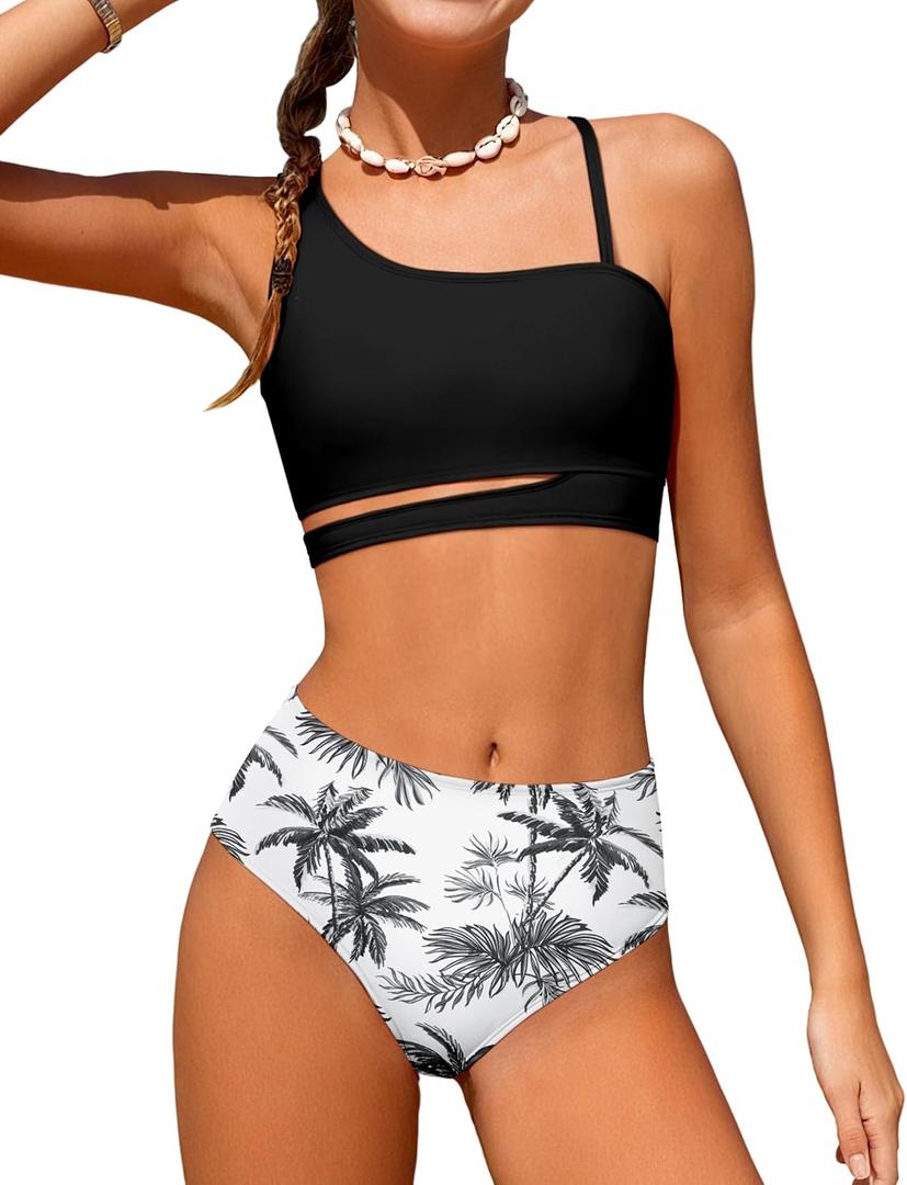 Queenstyle Girls Swimsuits Bikini Set Kids Cutout Bathing Suit Bikini Top Two Piece Girls' Swimwear (15-16 Years, Black)