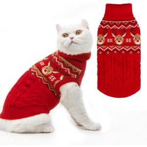 PUPTECK Winter Cat Sweater Coat - Soft Warm Cold Weather Clothes Knitwear for Kittens & Small Dogs Indoor Outdoor Wearing, Knitted Classic for Doggies Kitties Girls Boys, Christmas Deer, M