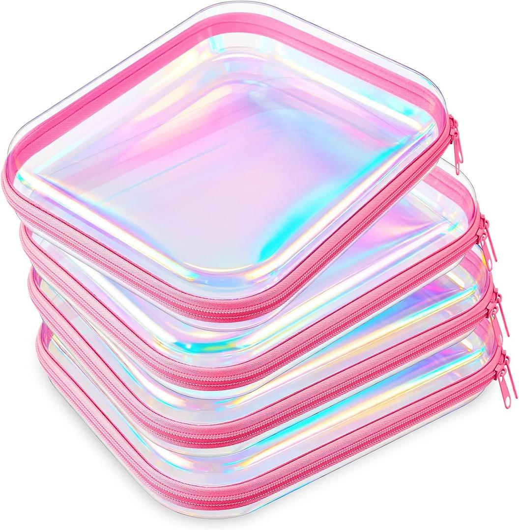 Hoolerry 4 Pcs Hard Clear Zipper Case Makeup Bags Plastic Zipper Pouch Transparent Storage Box Containers for Cosmetics, Snacks, Building Blocks, Puzzles(Clear,9.8 x 7.9 x 2 in,Fluorescent)