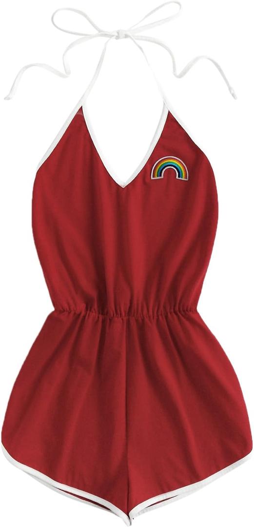 SweatyRocks Women's Halter Sleeveless Short Jumpsuit Rompers Backless Playsuit (X-Large, Red)