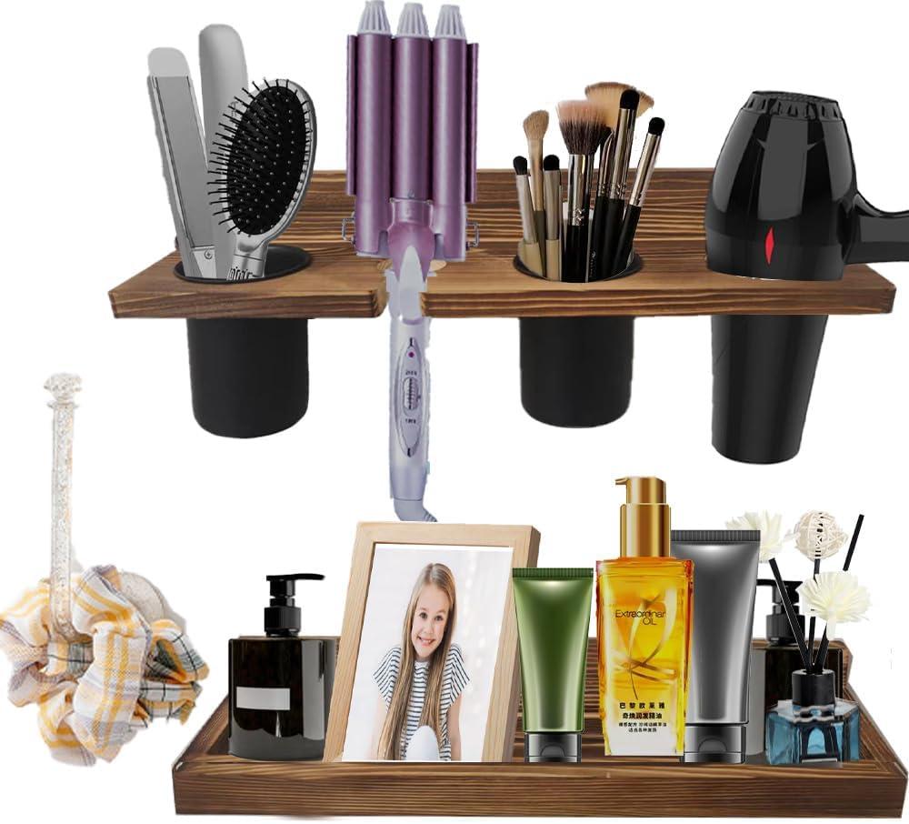 Wall-Mounted Hair Tool Organizer with Heat Resistance - Set of 2 Layer Rustic Blow Dryer Holder (Dark Brown)