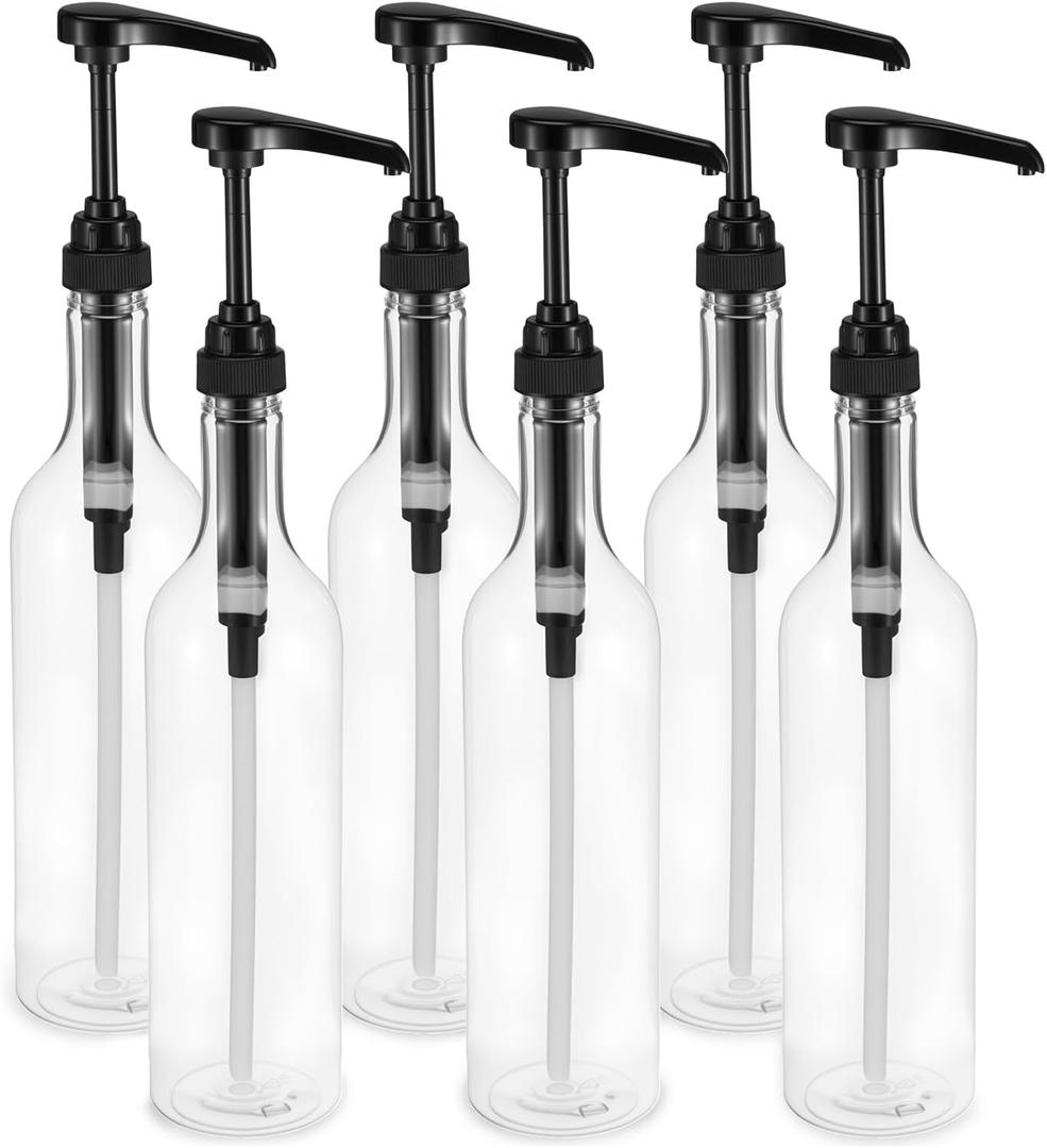 6 Pcs 25 oz Syrup Bottles with Pump Long Neck Bottles Plastic Syrup Pump Dispenser for Coffee Bar Accessories Home Party