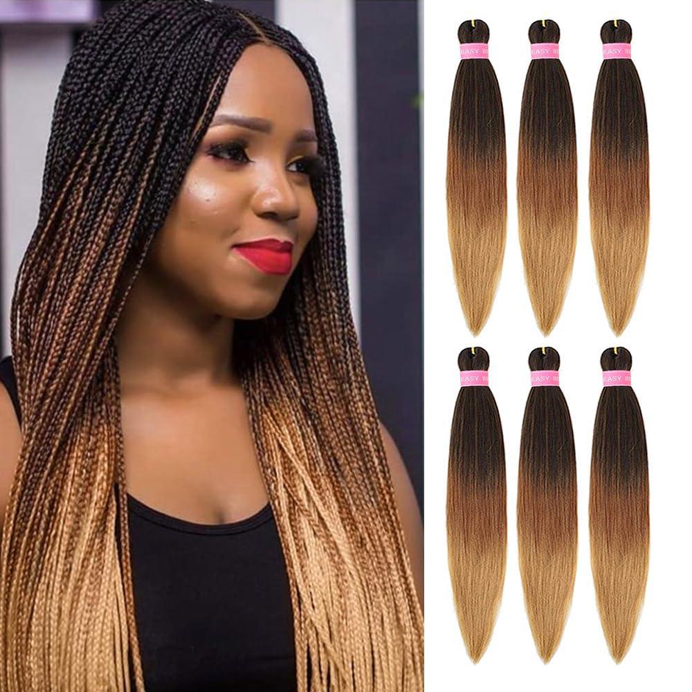 Ombre Braiding Hair 26 Inch 6 Packs Pre Stretched Braiding Hair Extensions For Braid Itch Free Hot Water Setting Synthetic Yaki Texture Prestretched Crochet Braids(1B/30/27#, 26Inch)