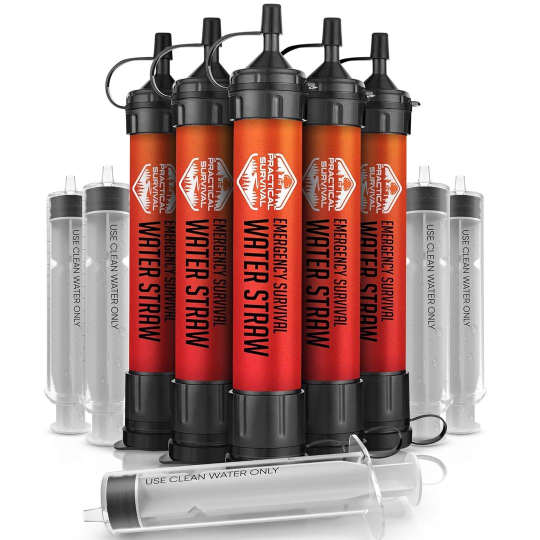 5 High-Capacity Emergency Water Straws Lightweight, Reusable, 1800-gallon Filters for Camping, Hiking, Travel, Biking, Survival, and Emergency Preparedness - No Expiration Date - Practical Survival