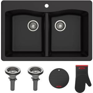 KRAUS Forteza 33-inch Drop in/Undermount 50/50 Double Bowl Granite Kitchen Sink in Black, KGD-52BLACK