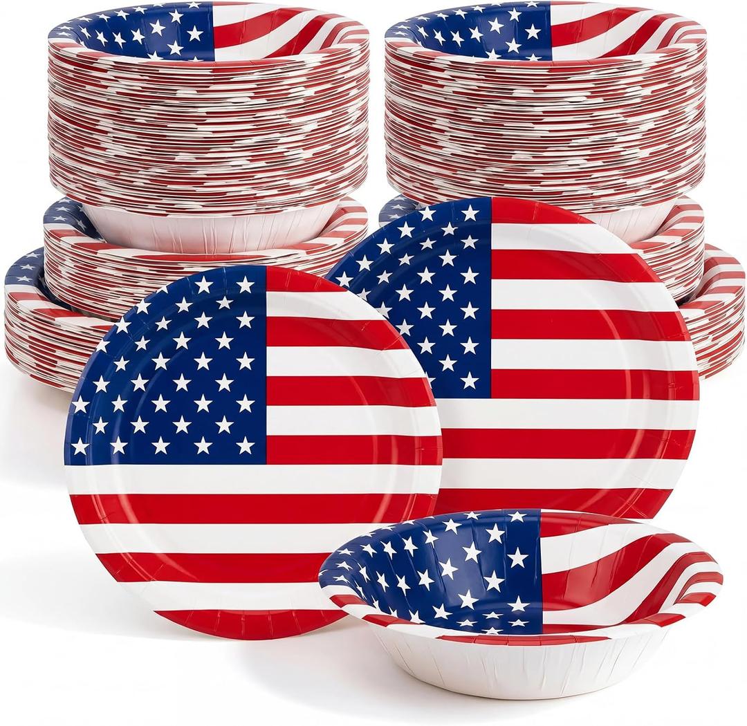 Havawish 150 Pcs Compostable Paper Plates and Bowls Sets 7 Inch 9 Inch Disposable Plate 12oz Biodegradable Bowls for 50-person Party Dinner Supplies, Soak-proof, Microwave-safe, Cut Resistant (Flag)