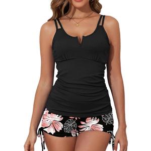 Aleumdr Tankini Swimsuit for Women Athletic 2 Piece Tummy Control Bathing Suit Modest Swim Tank Top with Shorts Flora Black XX-Large