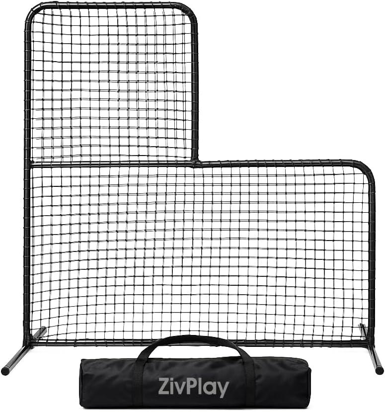 ZivPlay L Screen Baseball Screen Pitching Screen for Batting Cage Pitcher Protection 7x7 ft Protector Net Includes Portable Carry Bag, 7 X7 Feet With 3.5x3.5 Feet Cut Out