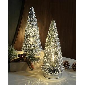 SHMILMH Silver Mercury Glass Christmas Tree, Small Tabletop Christmas Tree with Light, Battery Operated Mini Xmas Tree for Fireplace Bathroom Decor 10", Set of 2