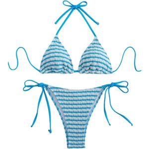 Women's Striped Halter Bathing Suit High Waisted Triangle Colorblock Swimsuit Bikini Set (Medium, Blue)