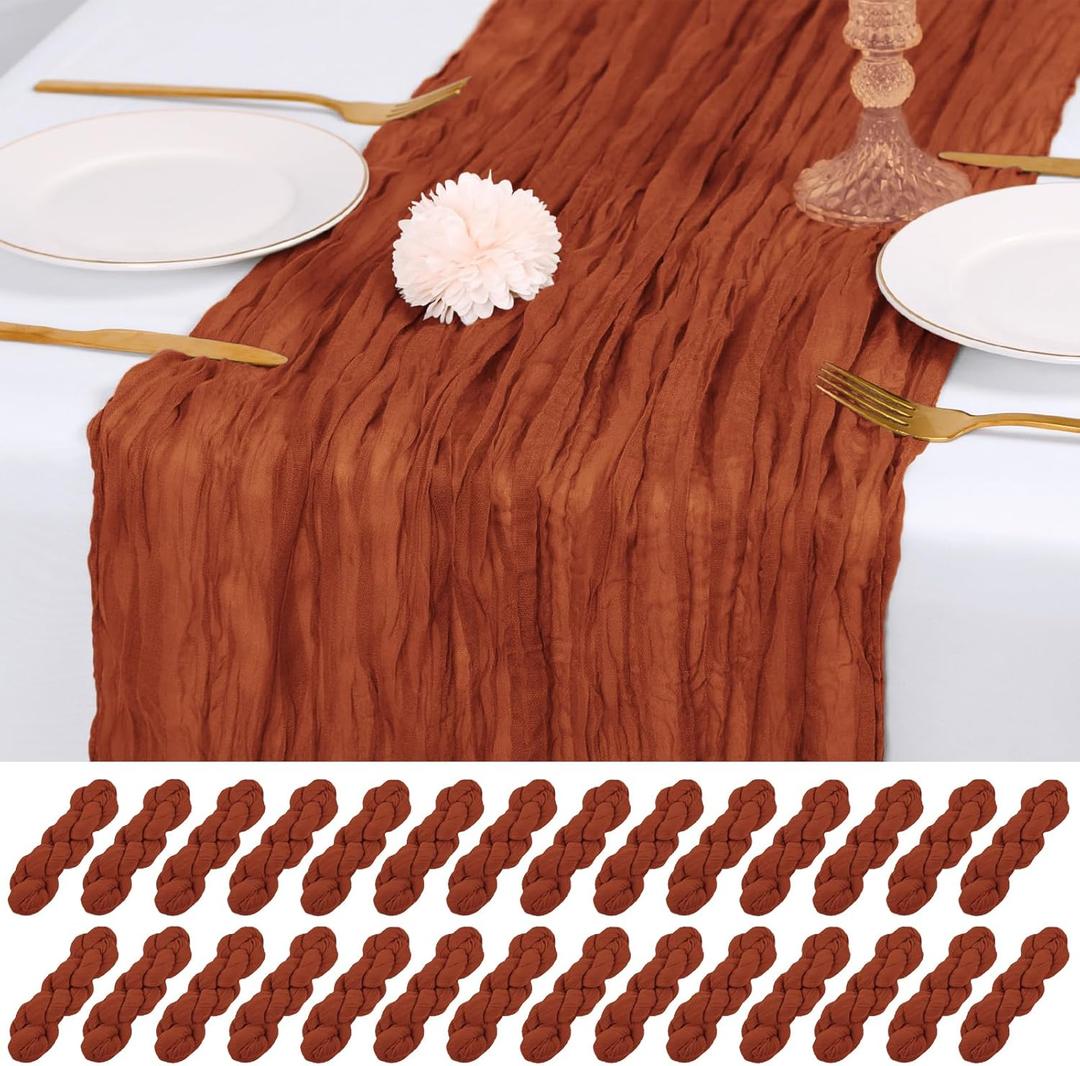 28 Pack Terracotta Cheesecloth Table Runner 17x108 Inch Semi Sheer Boho Gauze Cheese Cloth Fabric Table Runners, for Wedding Party Baby Shower Birthday Home Decor Garden Farmhouse