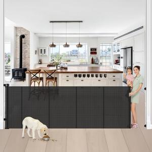 Reinforced 42” Tall x 100” Extra Wide Retractable Baby Gates for Doorways Extra Tall Pet Gate with Rods to Prevent Crawling Through, Dog Gate for Large Openings Extra Long Mesh Gate, Black