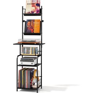 Record Player Stand with Vinyl Storage - 6-Tier Turntable Table with Adjustable Feet, Metal & Wood Cabinet - Console Organizer Display Shelf for Living Room, Apartment