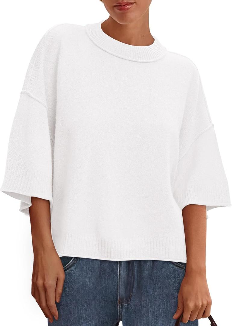 BTFBM Womens Short Sleeve Tops 2025 Summer Casual Crew Neck Oversized Sweater Solid Color Ribbed Knit T Shirts (White, XL)