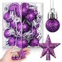 Round Funny 25 Pcs Mini Christmas Ornaments Set 0.79 Inch Glitter Christmas Ball Tree Topper Star Hanging Ornaments for Party Decoration(Purple)