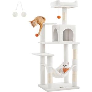 Feandrea Cat Tree, 56.3-Inch Cat Tower for Indoor Cats, Multi-Level Cat Condo with 4 Scratching Posts, 2 Perches, Hammock, Cave, Cream White UPCT161T01