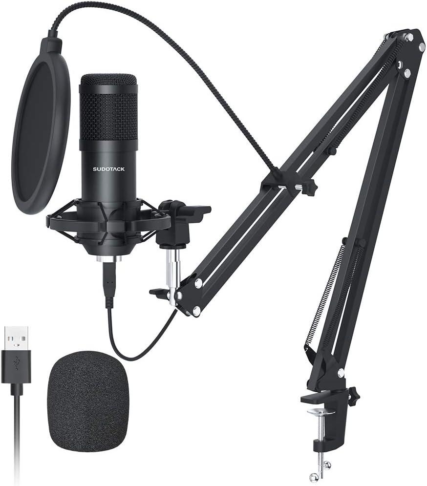 Sudotack USB Streaming Podcast PC Microphone, 192KHz/24Bit Studio Cardioid Condenser Mic Kit with Sound Card, Boom Arm, Shock Mount, Pop Filter, for Skype, YouTuber, Karaoke, Gaming, Recording