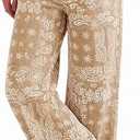 Tankaneo Womens Boyfriend Baggy Jeans Boho Wide Leg High Waist Denim Pants Bandana, Floral Print, Y2k Vintage, Straight Leg, Cotton Sweatpants with Pockets, Patchwork, Trendy Casual, Streetwear, Size: 12