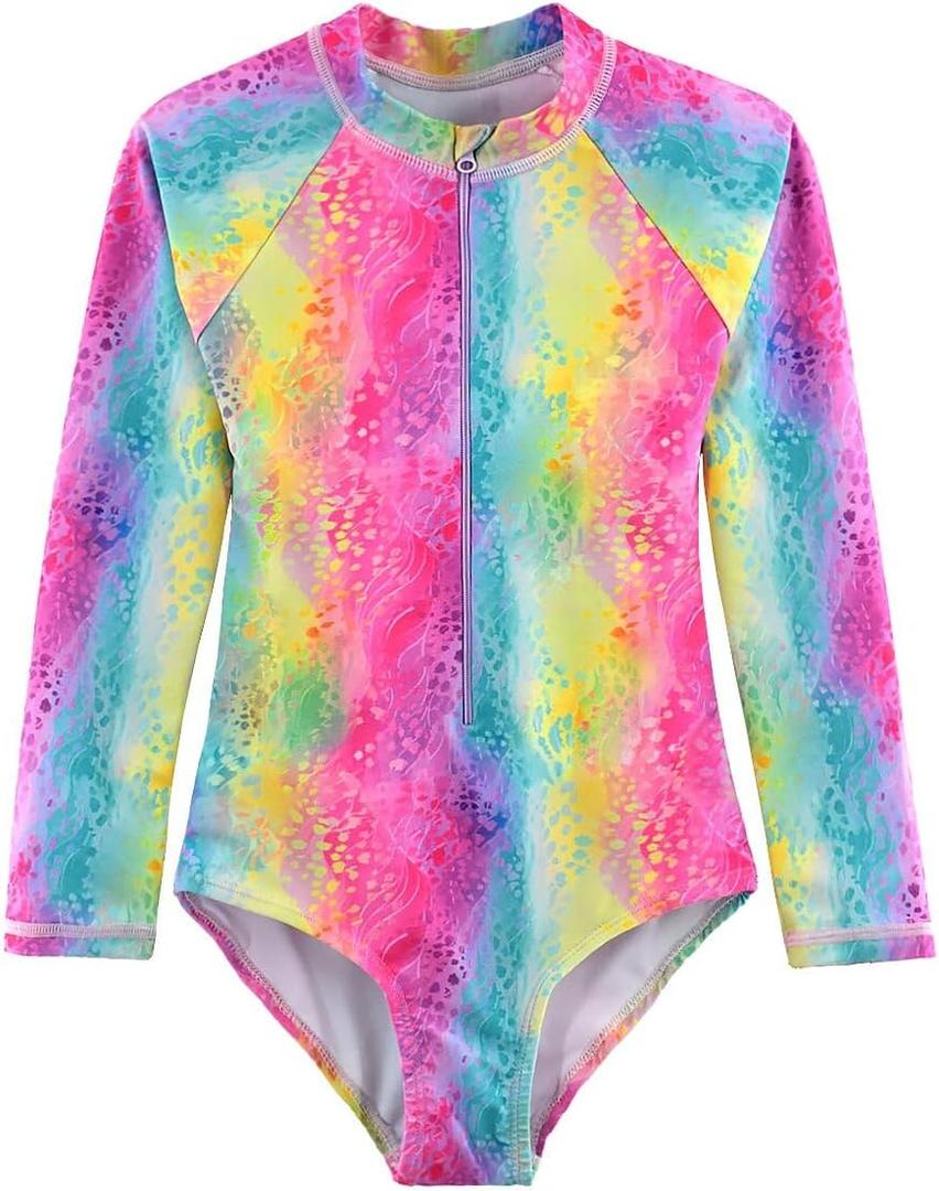 Big Girls Swimsuits One Pieces Long Sleeve Swimwear UPF50+ Kids Zipper Sun Protection Bathing Suits Rainbow 10T (4XL)