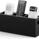 DRASTAR TV Remote Holder, Wall Remote Control Holder, 3 Slots Remote Caddy Wall Mount, Wooden TV Remote Wall Holder, Wall Pen Holder, Black
