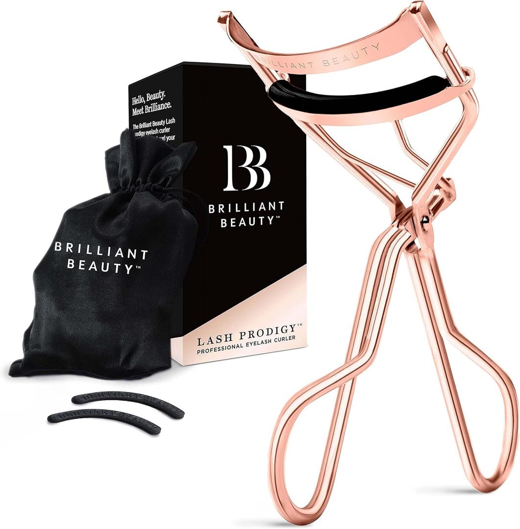 Brilliant Beauty Eyelash Curler with Satin Bag & Refill Pads - Award Winning - No Pinching, Just Dramatically Curled Eyelashes for a Lash Lift in Seconds (Rose Gold)