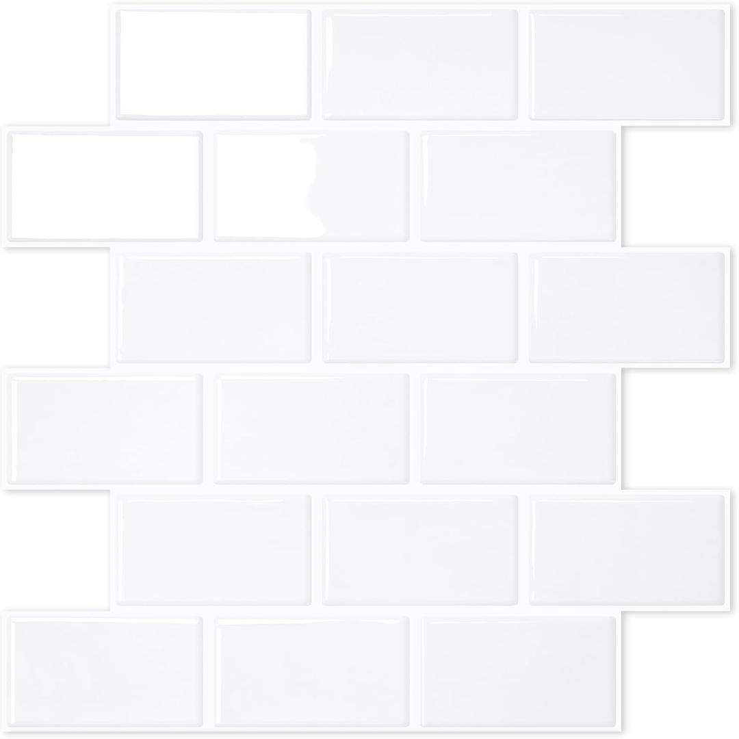 STICKGOO 10-Sheet White Subway Tiles Peel and Stick Backsplash, Stick on Tiles Kitchen Backsplash (Thicker Design) (Cold White With White Grout)