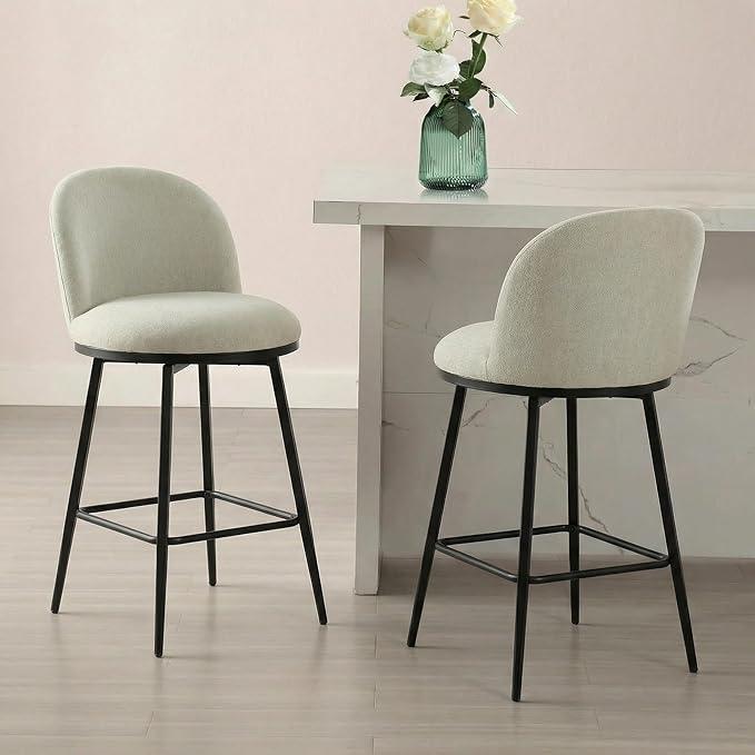 26" Counter Height Swivel Bar Stools Set of 2, Upholstered Linen Fabric Barstools with Backs and Metal Legs for Kitchen Island, Linen