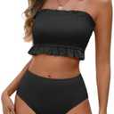 Tempt Me Women Bandeau High Waisted Bikini Sets Smocked Swimsuit Strapless Two Piece Bathing Suit, Medium, Black