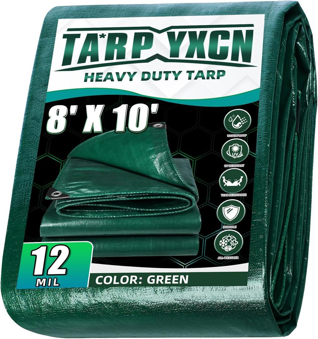 Green Heavy Duty Tarp 8x10 Feet, 12 Mil Thick Waterproof Poly Tarps Cover UV Resistant, Rip & Tear Proof with Metal Grommets Every 20 Inche